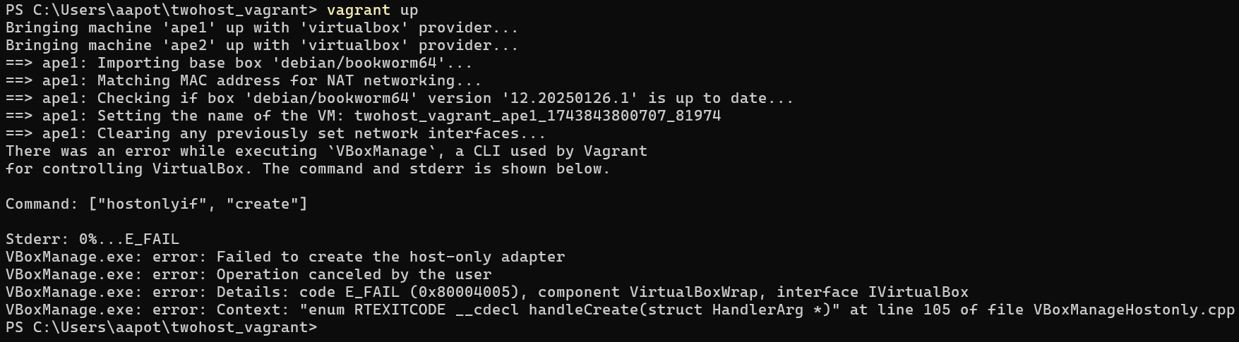 Vagrant pääkäyttäjän oikeudet ei luovutettu